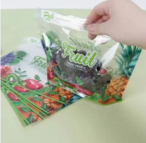 ہینڈل اور ایئر ہول کے ساتھ تھوک فروٹ اور سبزیوں کا اسٹینڈ اپ بیگ